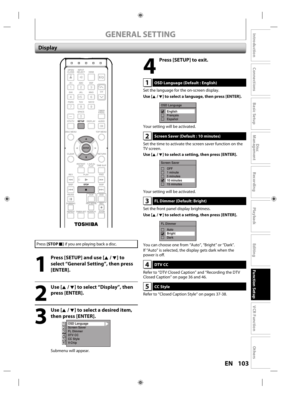 General setting, 103 en, Display | Toshiba DVR670KU User Manual | Page 103 / 124