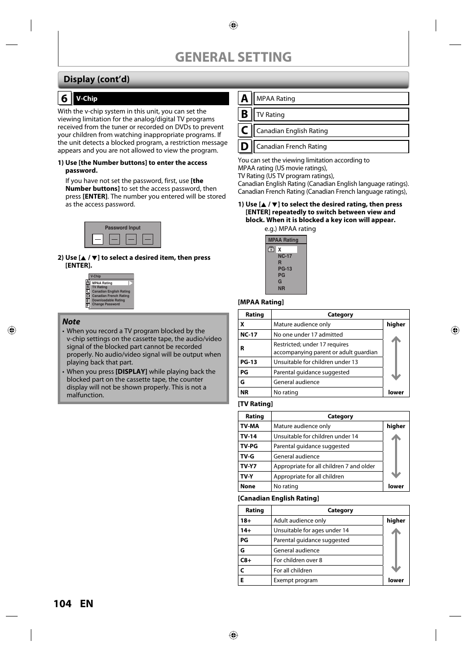 General setting, 104 en, Display (cont’d) | Toshiba DVR670KU User Manual | Page 104 / 124