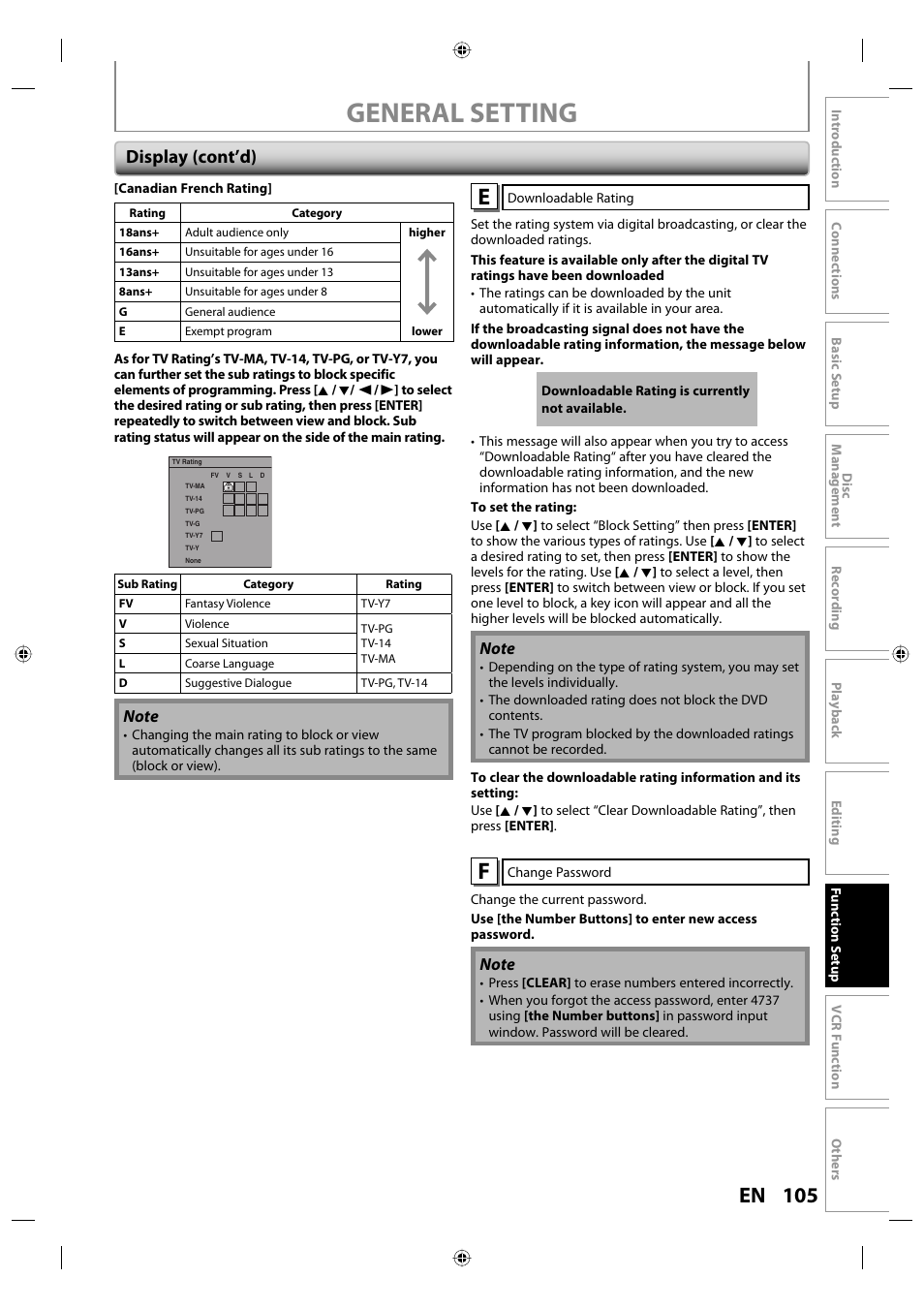 General setting, 105 en, Display (cont’d) | Toshiba DVR670KU User Manual | Page 105 / 124