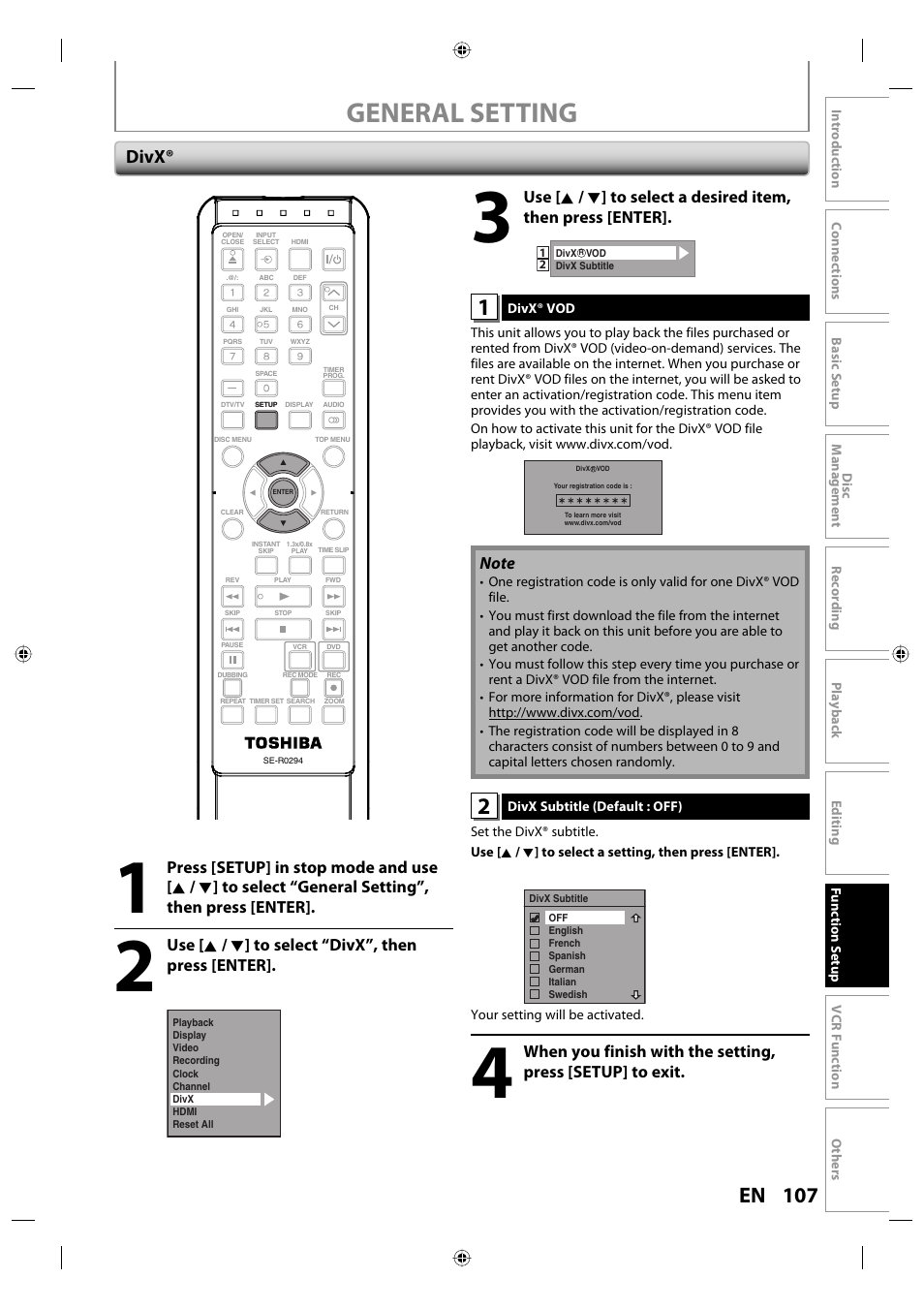 General setting, 107 en, Divx | Use [ k / l ] to select “divx”, then press [enter | Toshiba DVR670KU User Manual | Page 107 / 124