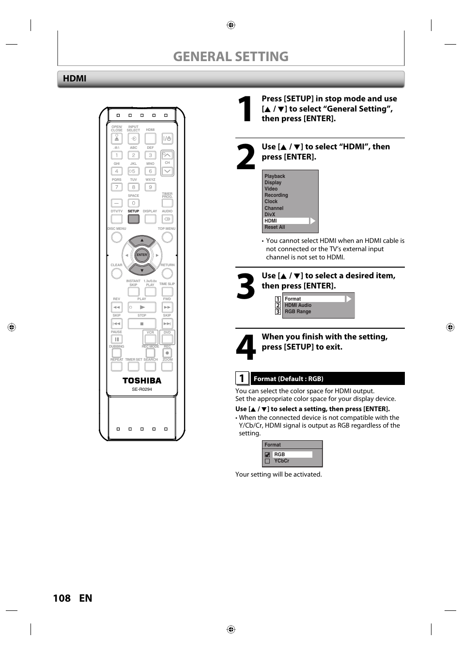 General setting, 108 en, Hdmi | Use [ k / l ] to select “hdmi”, then press [enter | Toshiba DVR670KU User Manual | Page 108 / 124