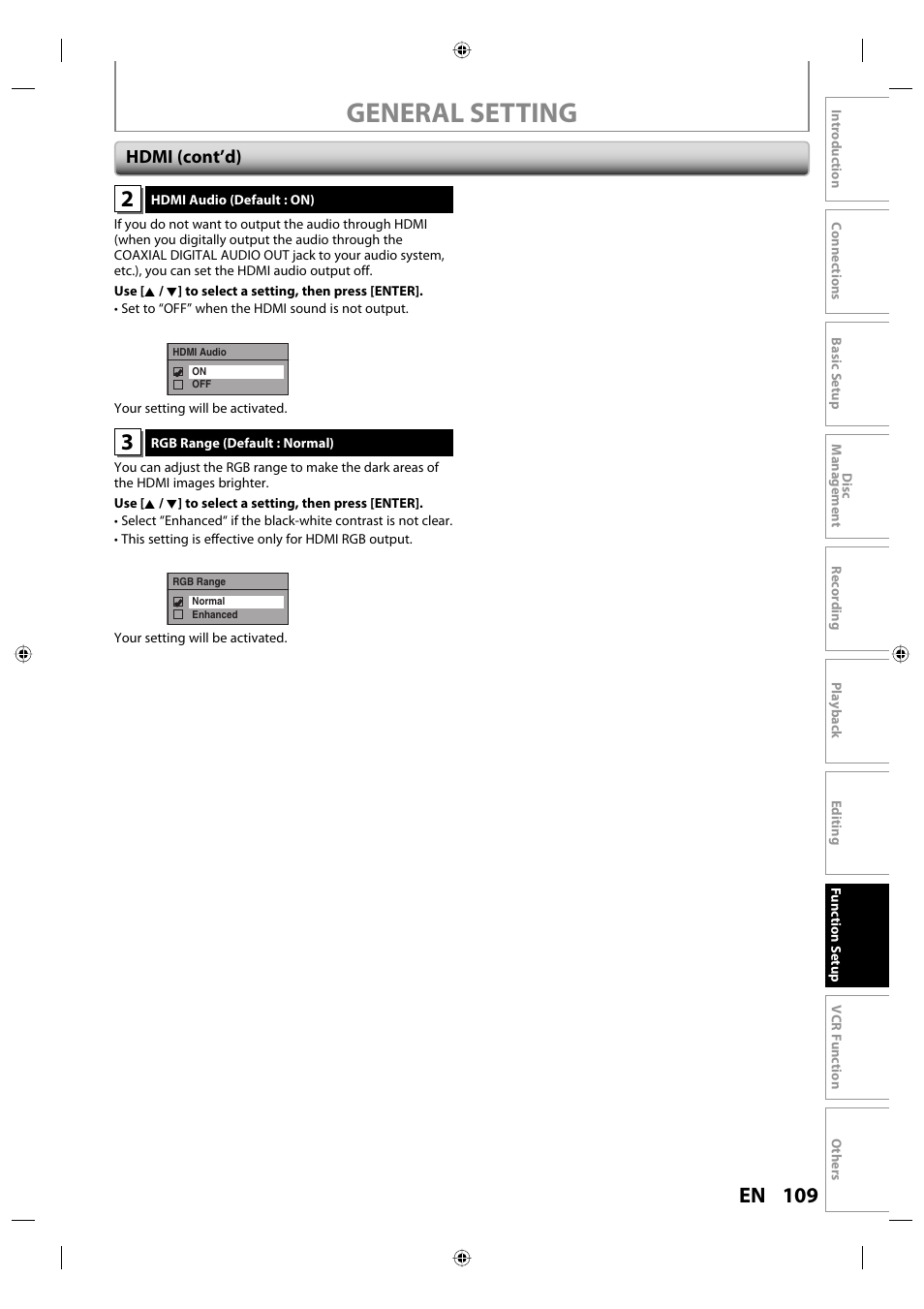 General setting, 109 en, Hdmi (cont’d) | Toshiba DVR670KU User Manual | Page 109 / 124