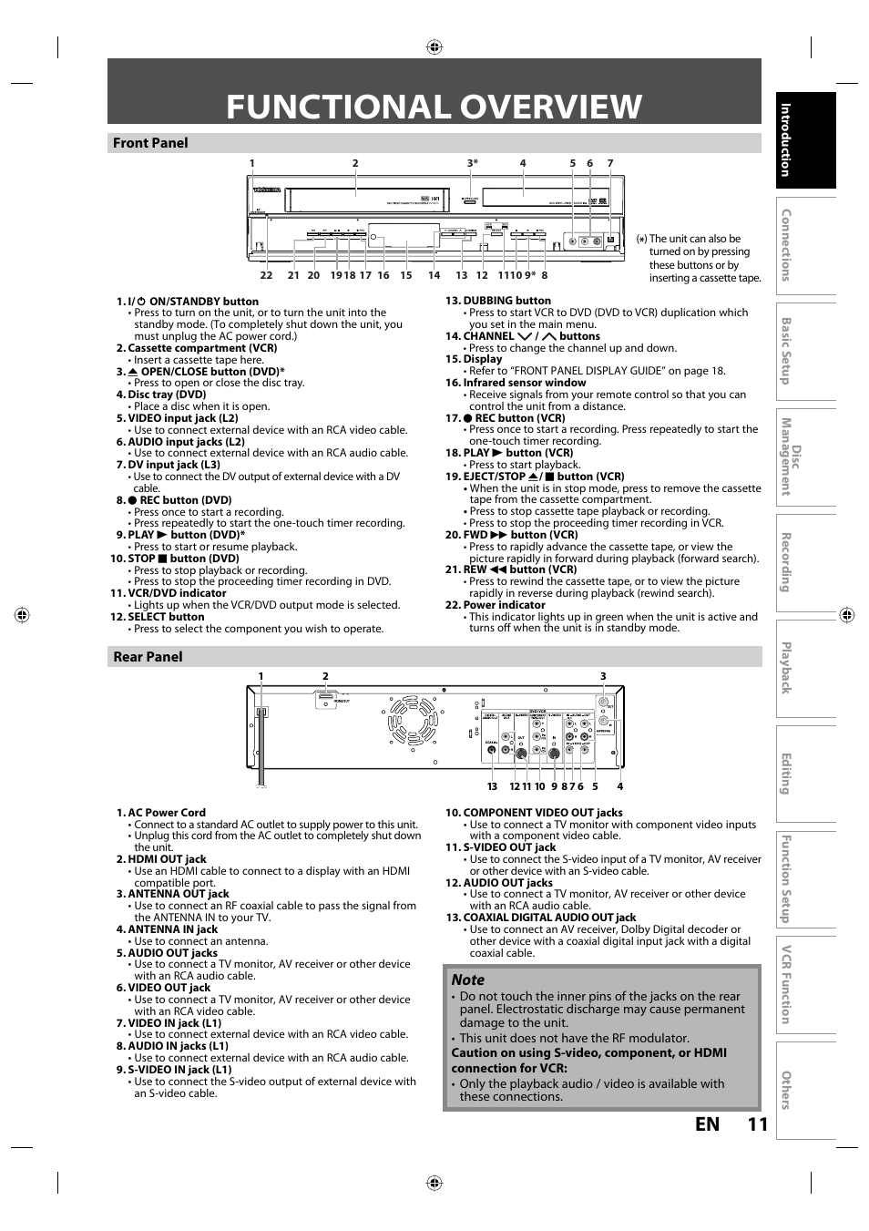 Functional overview, 11 en, Front panel | Rear panel | Toshiba DVR670KU User Manual | Page 11 / 124