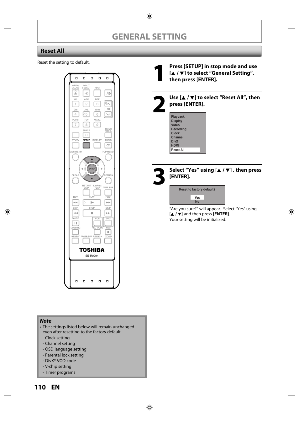 General setting, 110 en, Reset all | Select “yes” using [ k / l ] , then press [enter | Toshiba DVR670KU User Manual | Page 110 / 124