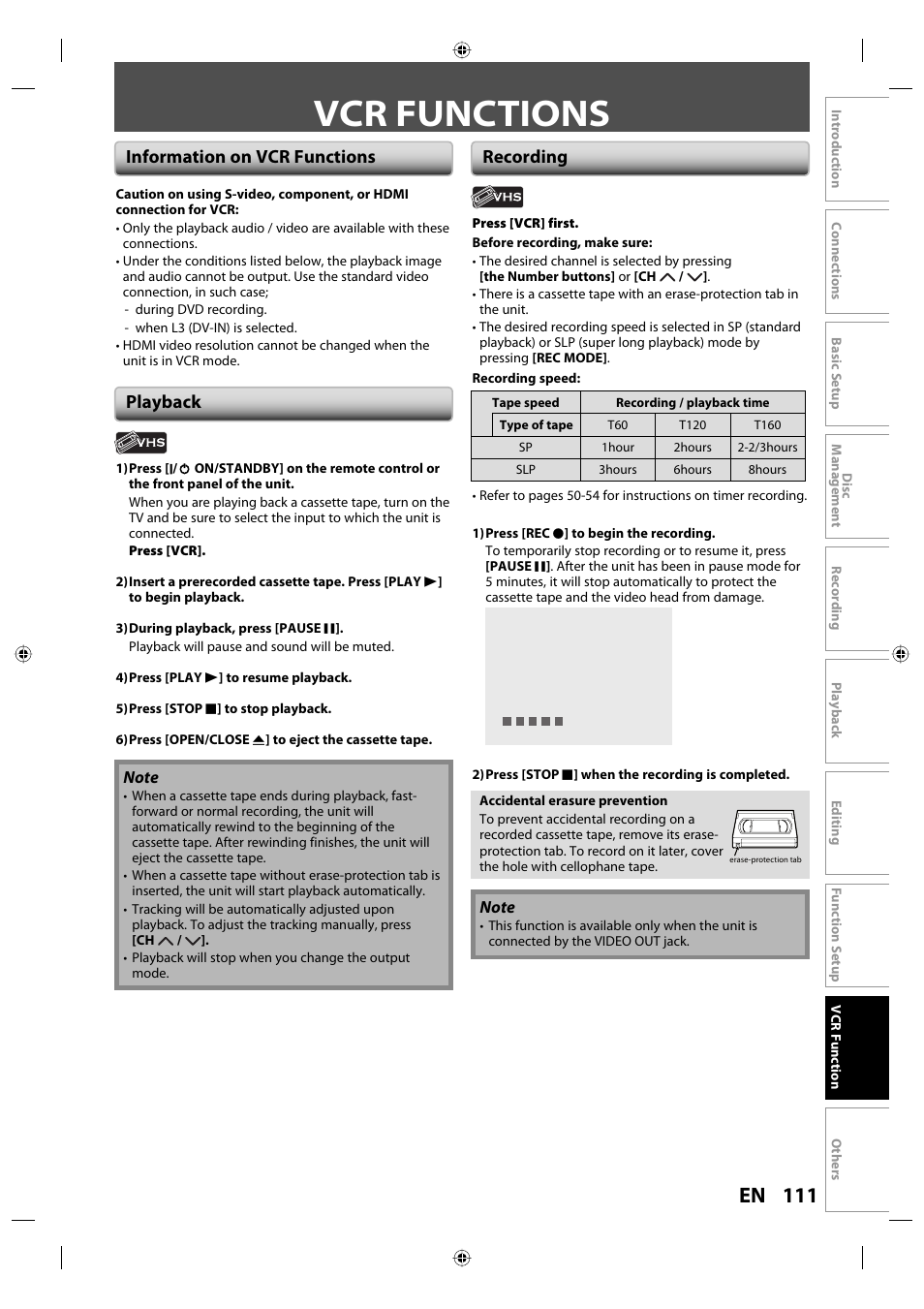 Vcr functions, 111 en, Playback recording | Information on vcr functions | Toshiba DVR670KU User Manual | Page 111 / 124