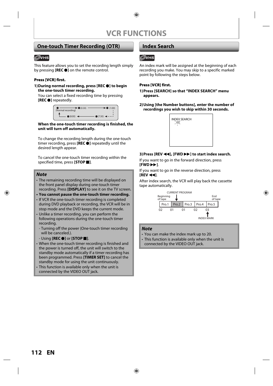 Vcr functions, 112 en, One-touch timer recording (otr) index search | Toshiba DVR670KU User Manual | Page 112 / 124