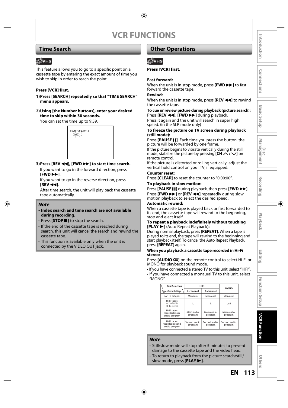 Vcr functions, 113 en, Time search other operations | Toshiba DVR670KU User Manual | Page 113 / 124