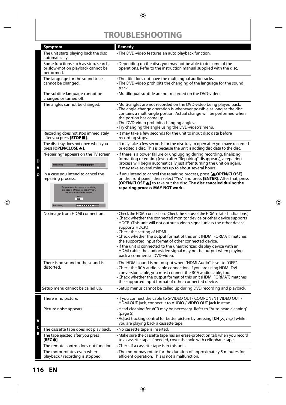 Troubleshooting, 116 en | Toshiba DVR670KU User Manual | Page 116 / 124