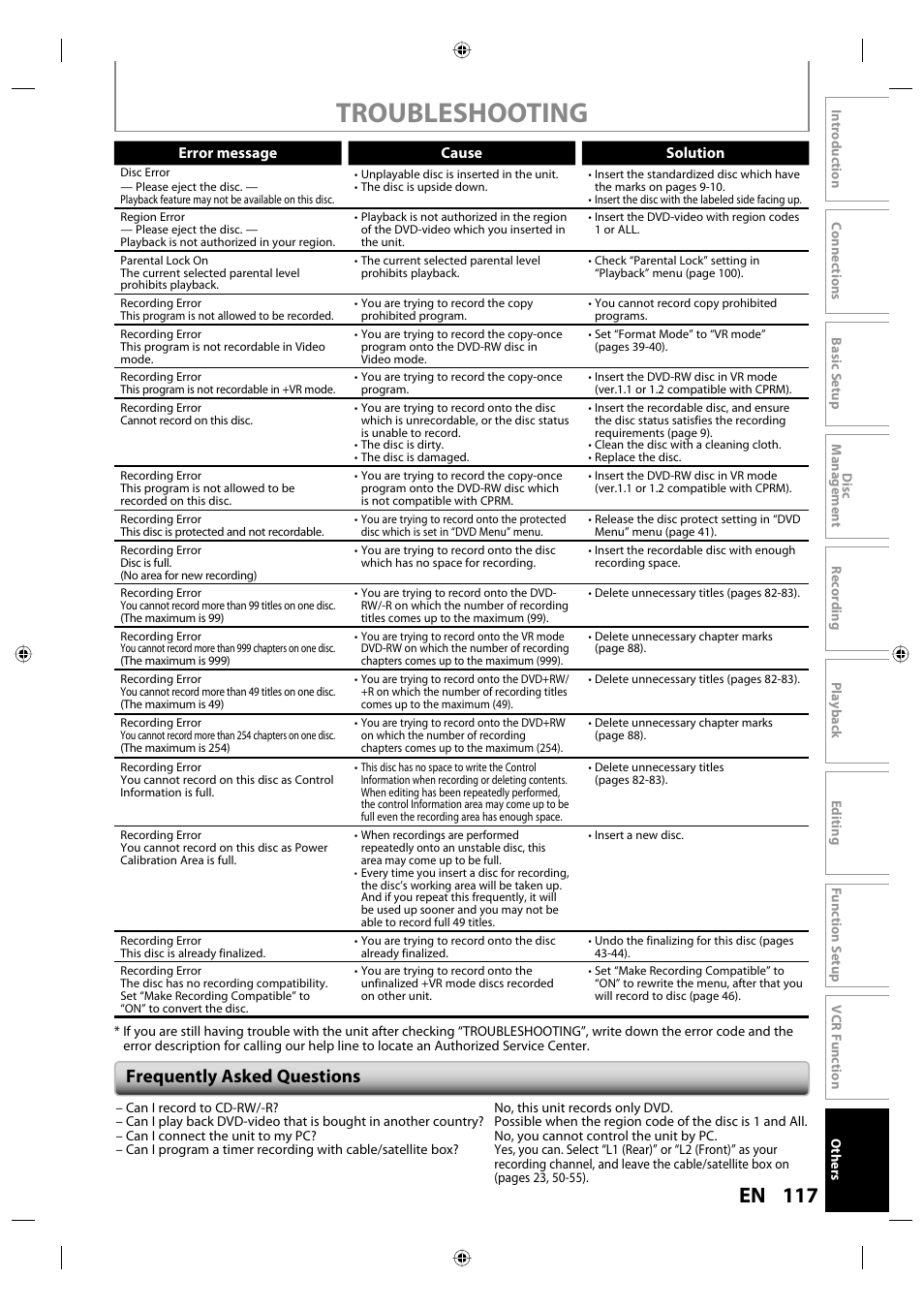 Troubleshooting, 117 en, Frequently asked questions | Toshiba DVR670KU User Manual | Page 117 / 124