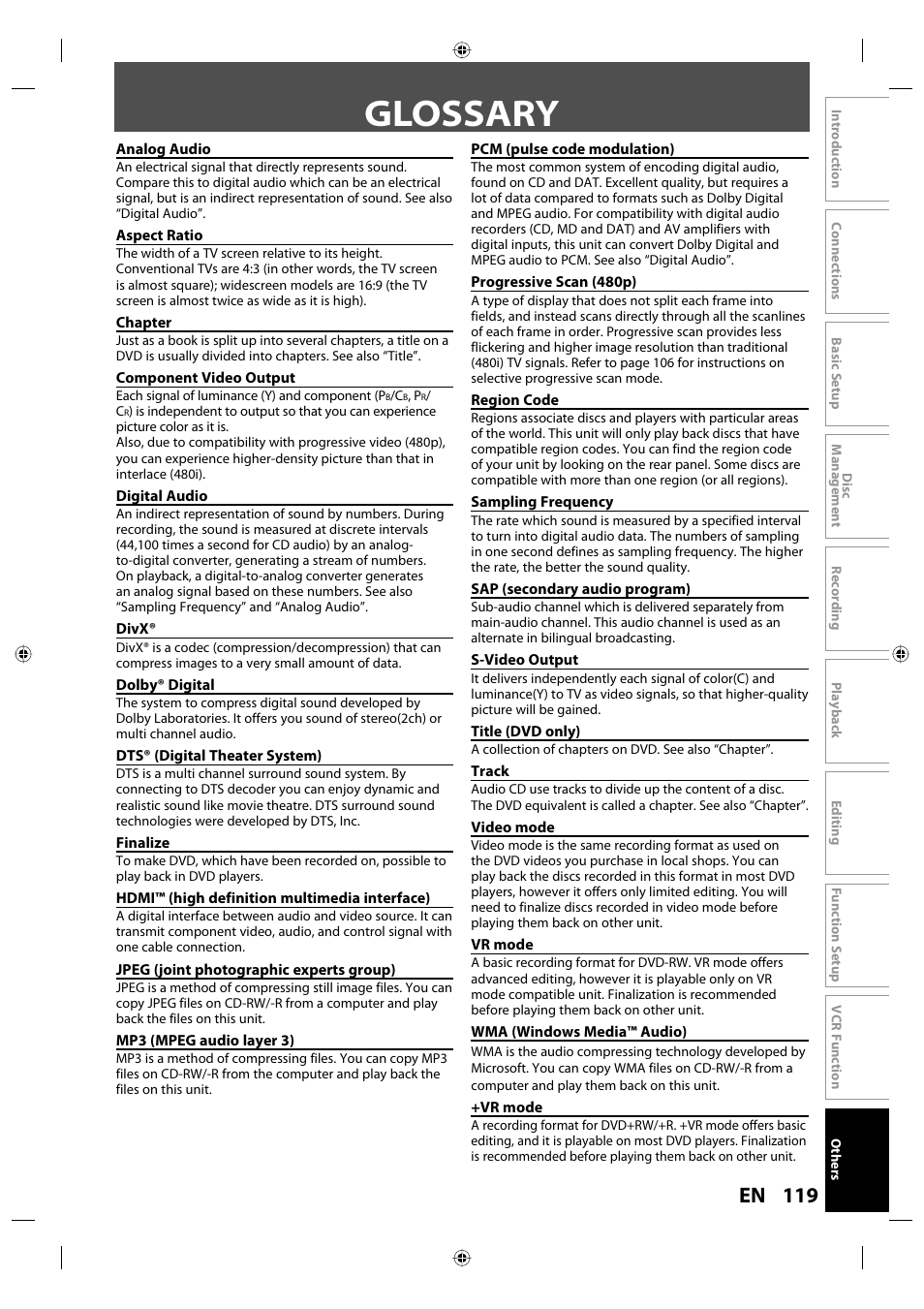 Glossary, 119 en | Toshiba DVR670KU User Manual | Page 119 / 124