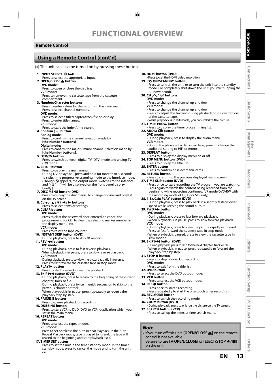 Functional overview, 13 en, Using a remote control (cont’d) | Remote control | Toshiba DVR670KU User Manual | Page 13 / 124