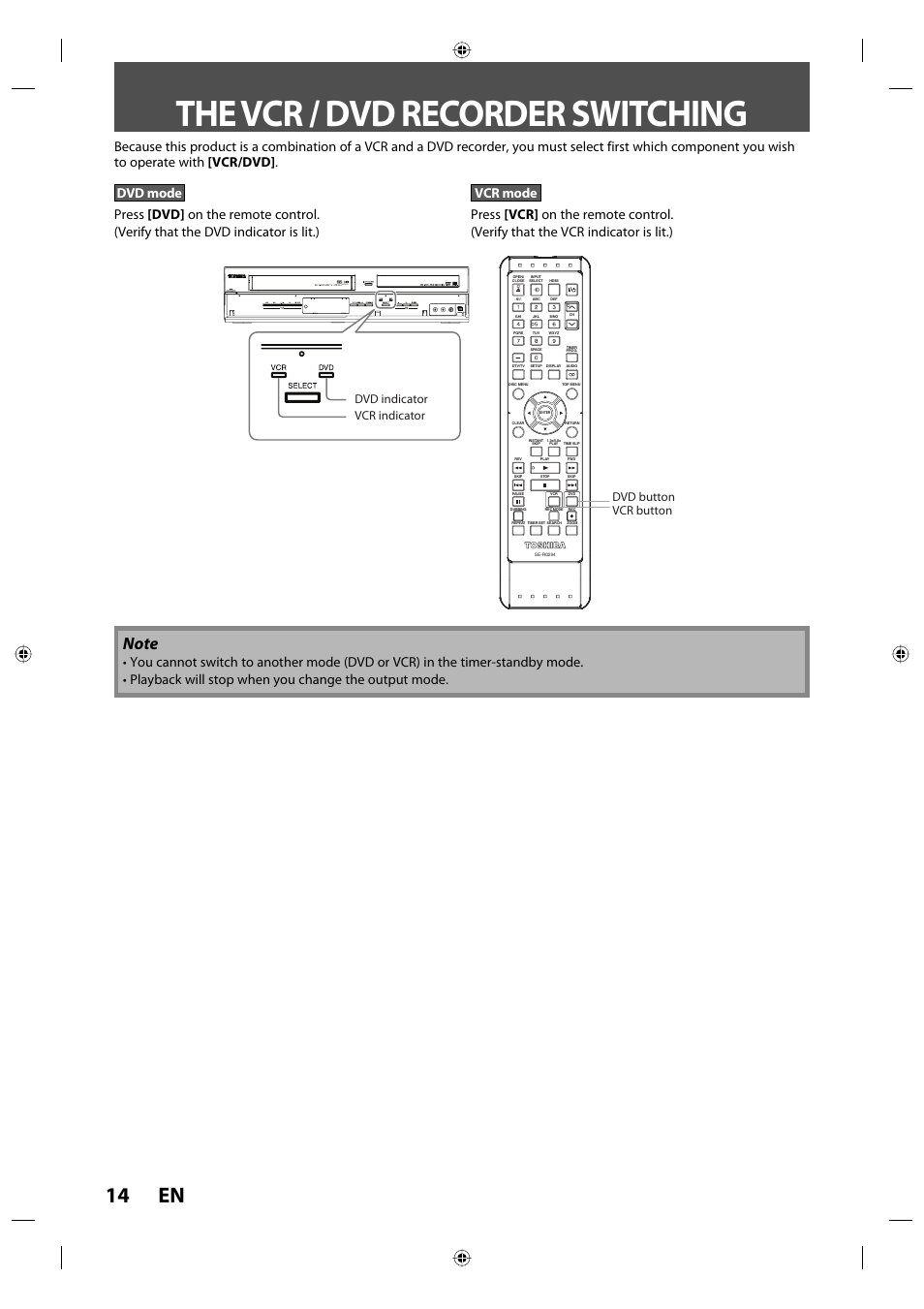 The vcr / dvd recorder switching, 14 en, Dvr670 | Vcr button dvd button dvd indicator vcr indicator | Toshiba DVR670KU User Manual | Page 14 / 124