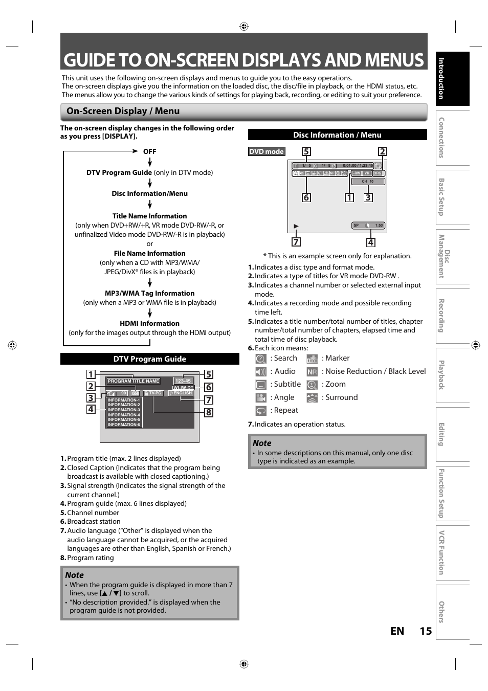 Guide to on-screen displays and menus, 15 en, On-screen display / menu | Toshiba DVR670KU User Manual | Page 15 / 124