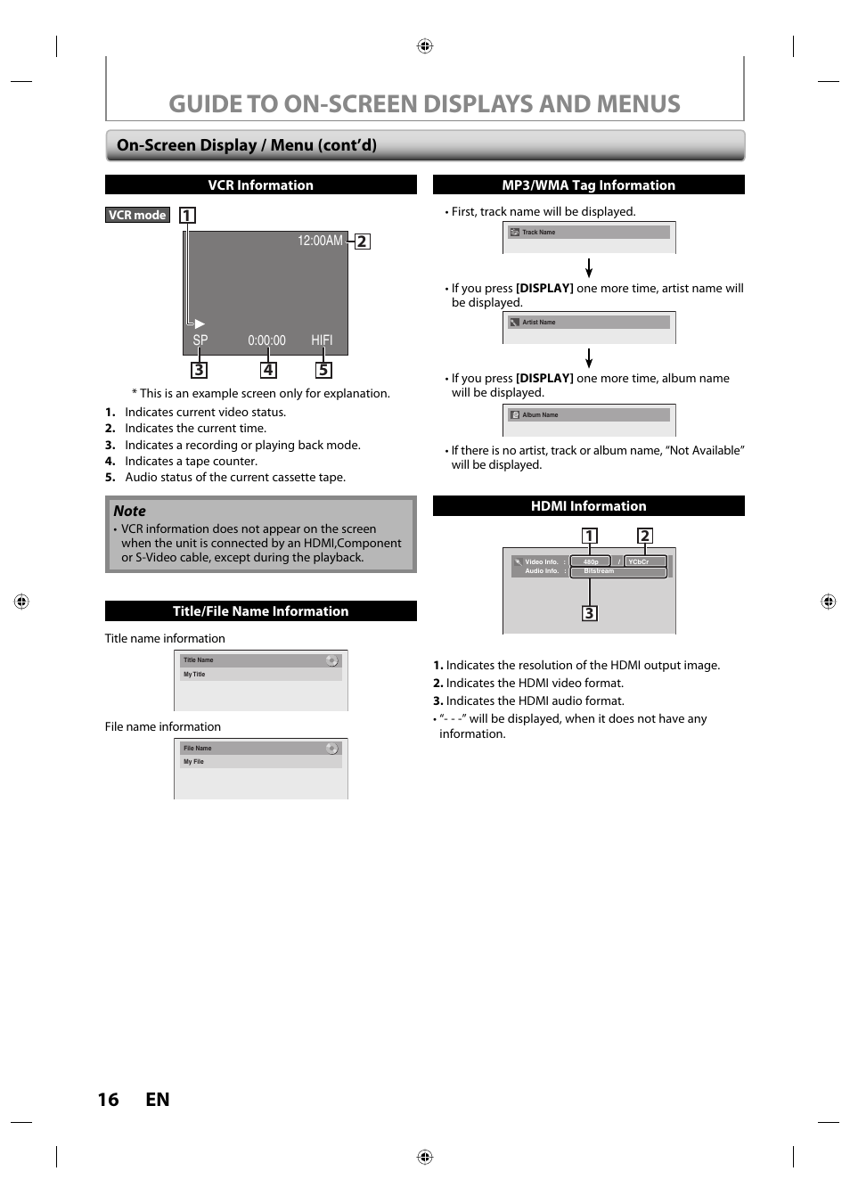 Guide to on-screen displays and menus, 16 en, On-screen display / menu (cont’d) | Toshiba DVR670KU User Manual | Page 16 / 124