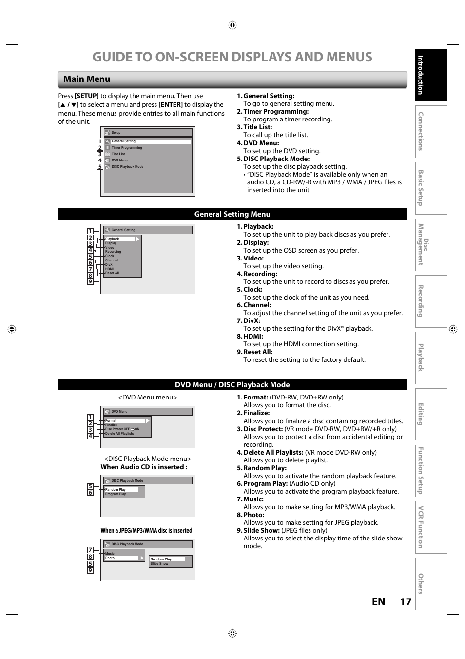 Guide to on-screen displays and menus, 17 en, Main menu | Dvd menu / disc playback mode general setting menu | Toshiba DVR670KU User Manual | Page 17 / 124