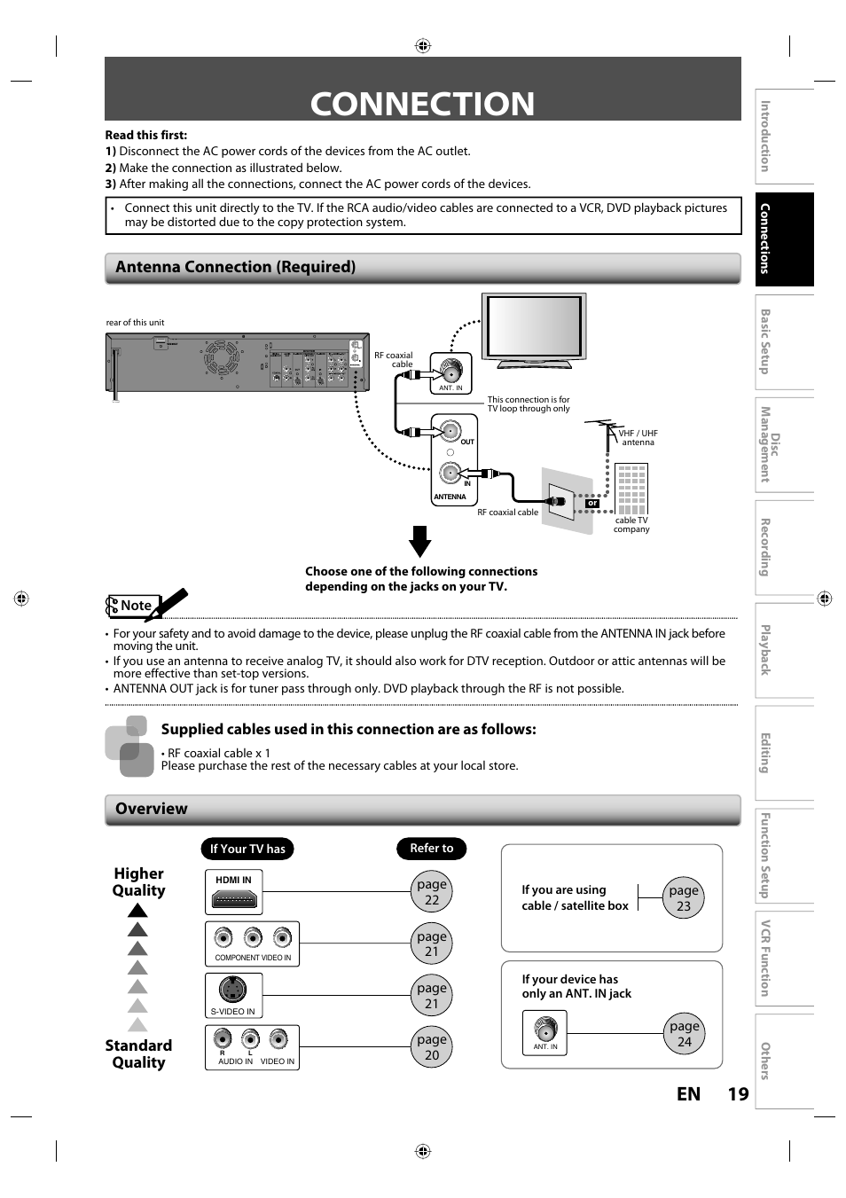 Connection, 19 en, Overview | Antenna connection (required), Standard quality higher quality | Toshiba DVR670KU User Manual | Page 19 / 124