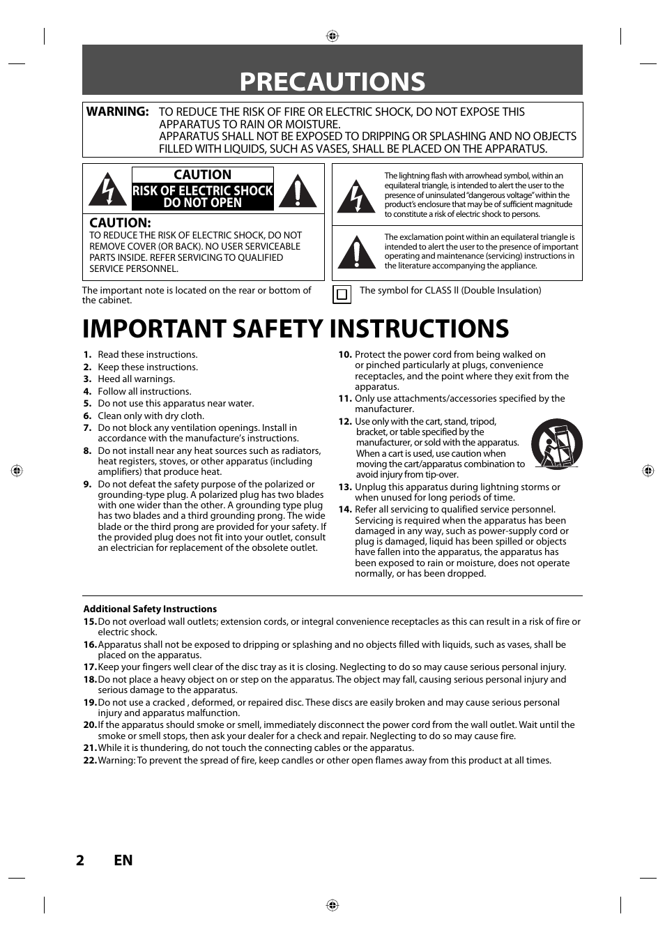Precautions, Important safety instructions, Caution | Caution risk of electric shock do not open | Toshiba DVR670KU User Manual | Page 2 / 124
