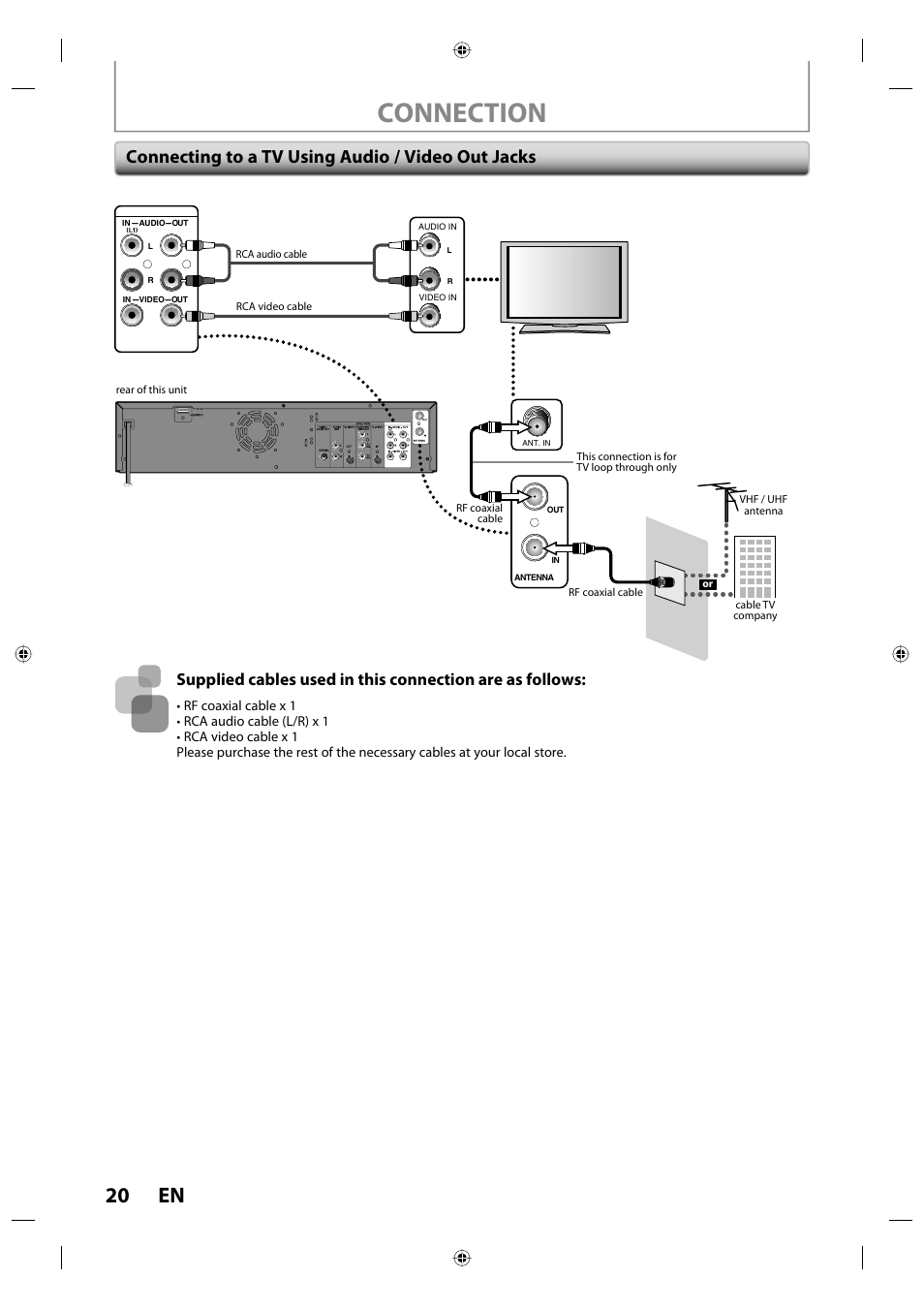 Connection, 20 en, Connecting to a tv using audio / video out jacks | Toshiba DVR670KU User Manual | Page 20 / 124