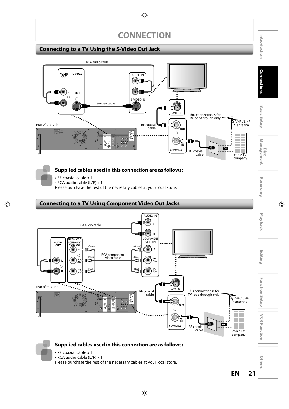 Connection, 21 en, Connecting to a tv using component video out jacks | Connecting to a tv using the s-video out jack | Toshiba DVR670KU User Manual | Page 21 / 124