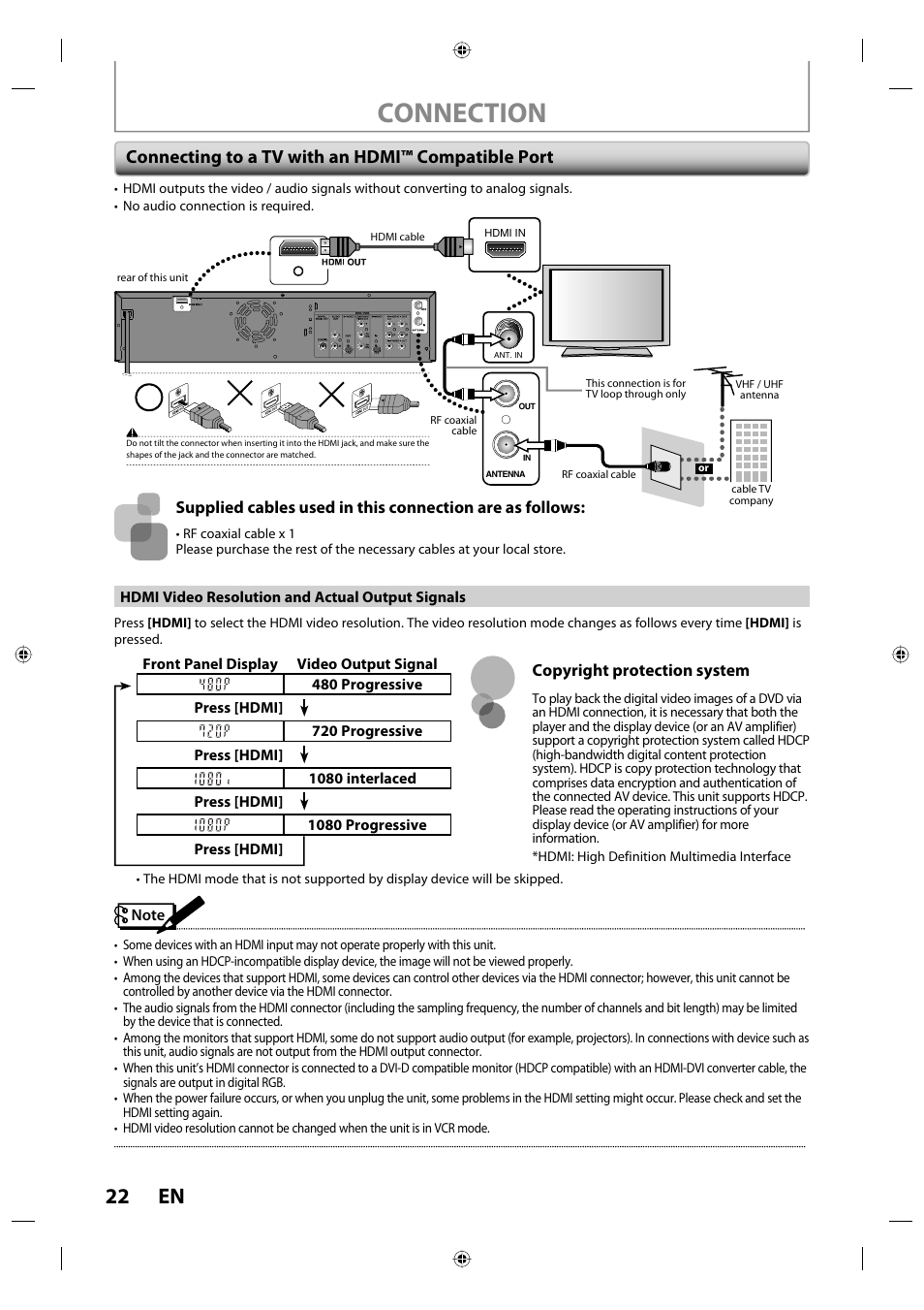 Connection, 22 en, Connecting to a tv with an hdmi™ compatible port | Toshiba DVR670KU User Manual | Page 22 / 124