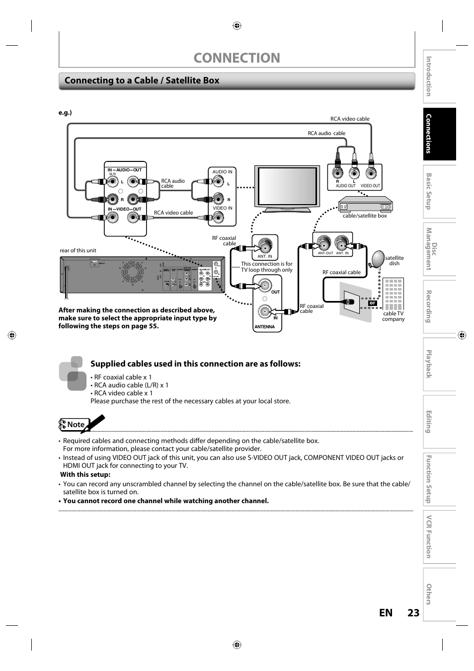 Connection, 23 en, Connecting to a cable / satellite box | Toshiba DVR670KU User Manual | Page 23 / 124