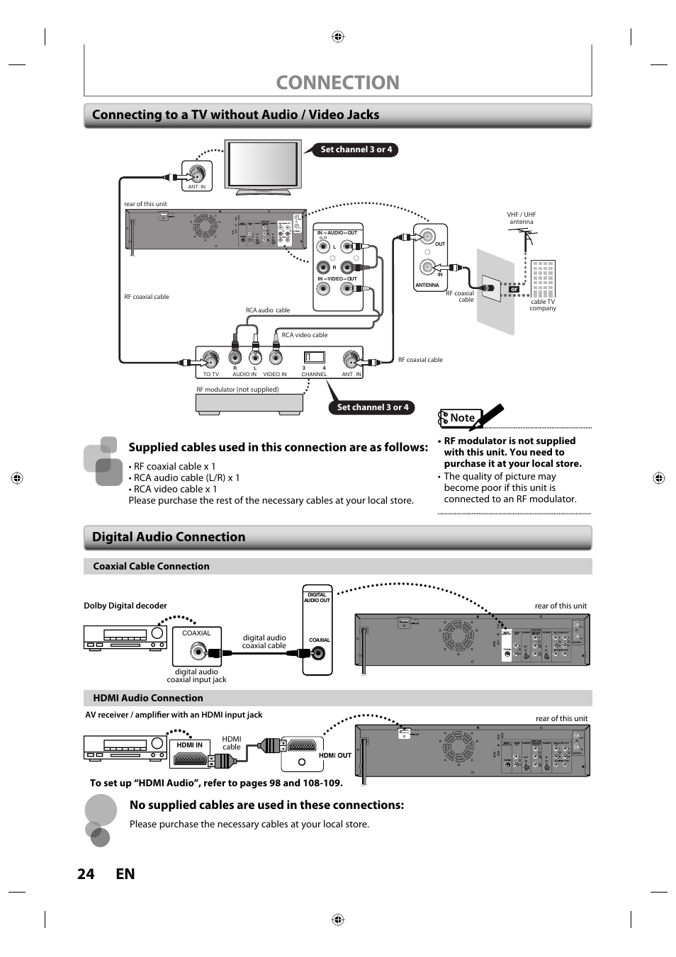 Connection, 24 en, Connecting to a tv without audio / video jacks | Digital audio connection, No supplied cables are used in these connections | Toshiba DVR670KU User Manual | Page 24 / 124