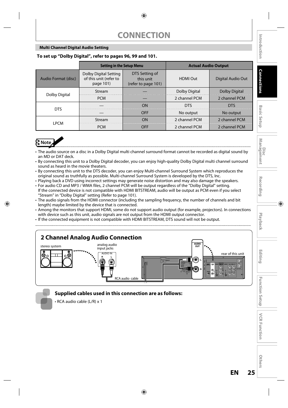 Connection, 25 en, 2 channel analog audio connection | Toshiba DVR670KU User Manual | Page 25 / 124