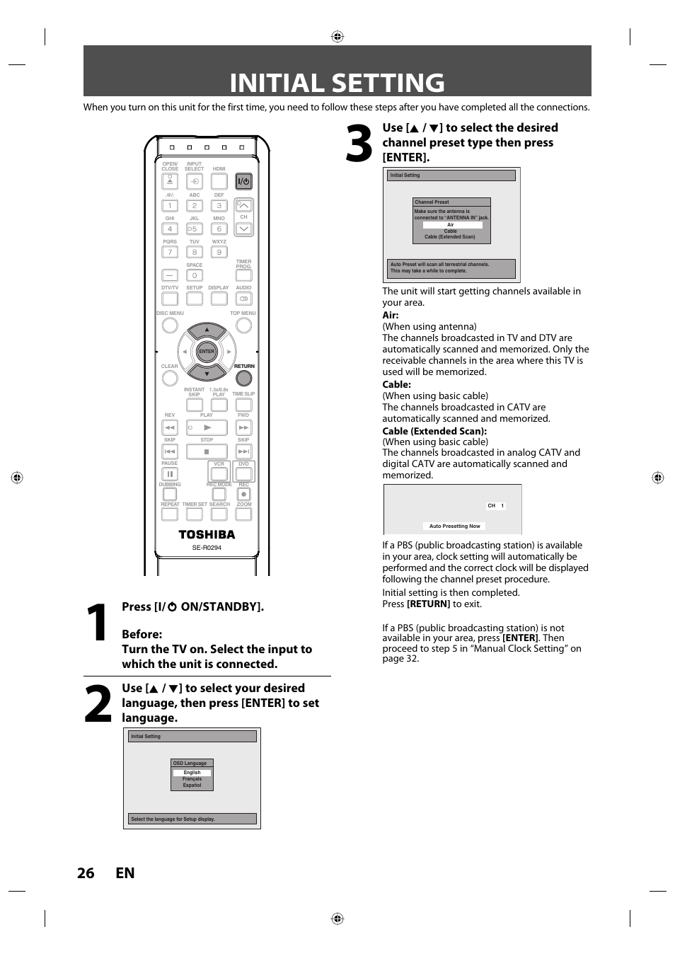 Initial setting, 26 en | Toshiba DVR670KU User Manual | Page 26 / 124