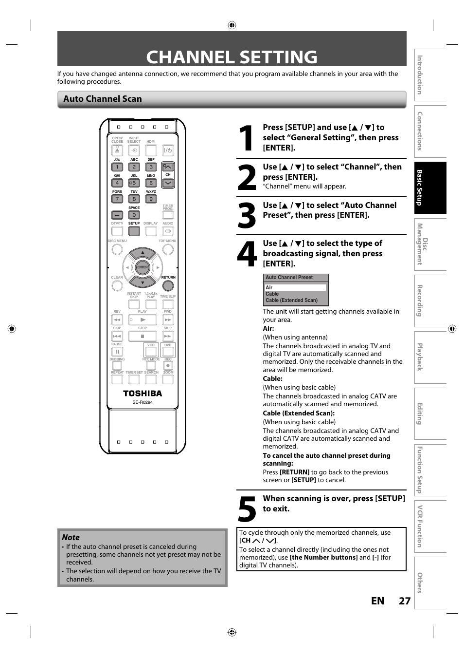 Channel setting, 27 en, Auto channel scan | Toshiba DVR670KU User Manual | Page 27 / 124