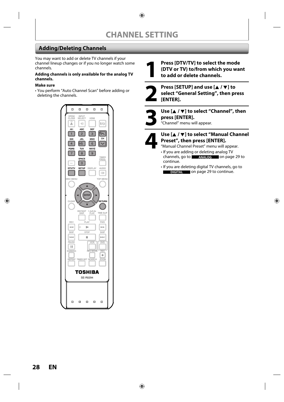 Channel setting, 28 en, Adding/deleting channels | Toshiba DVR670KU User Manual | Page 28 / 124