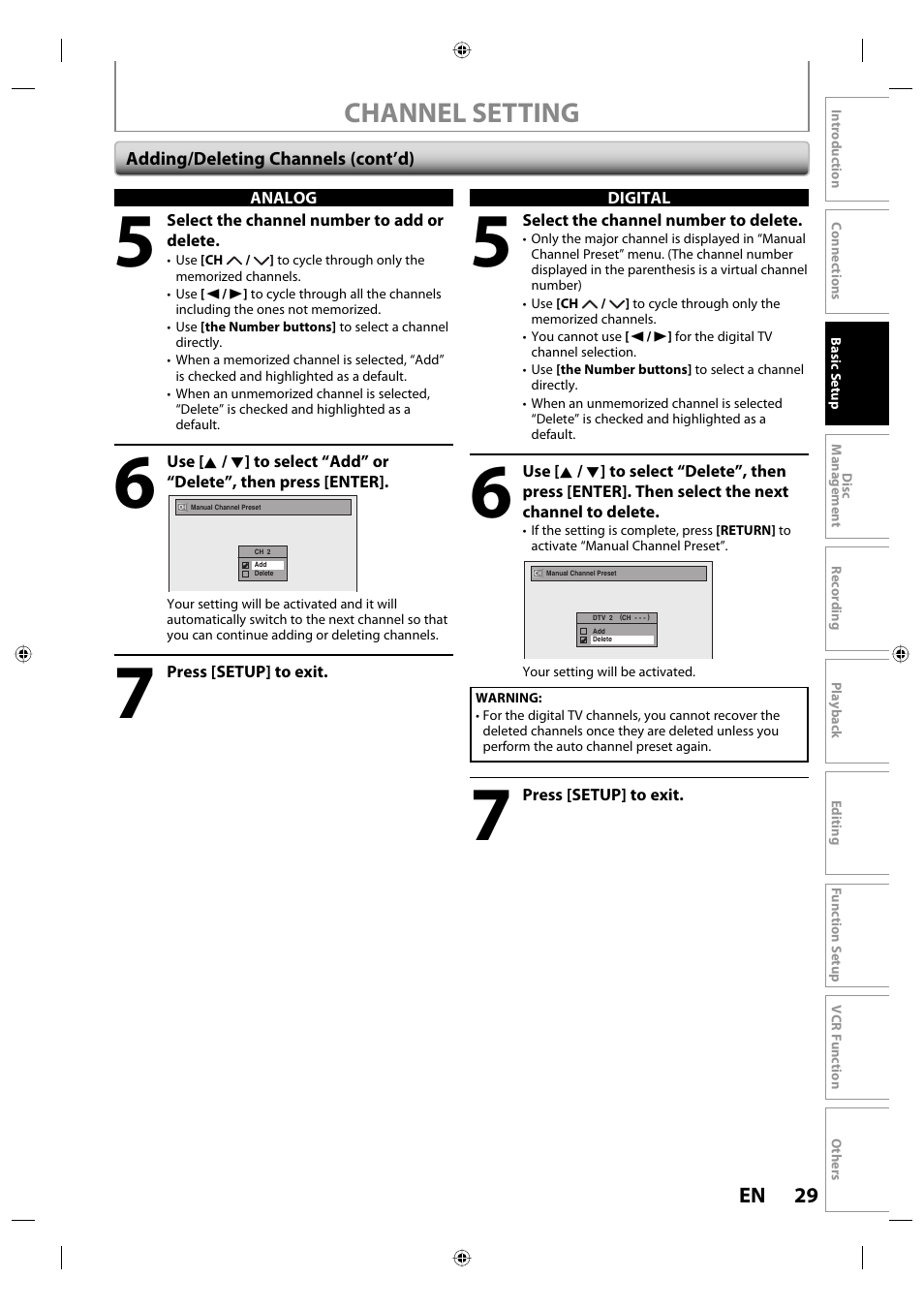 Channel setting | Toshiba DVR670KU User Manual | Page 29 / 124