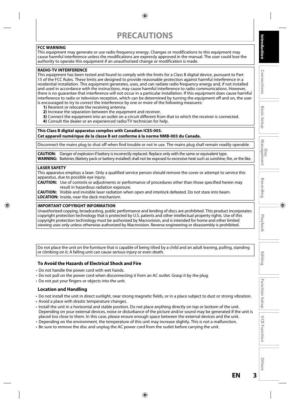 Precautions | Toshiba DVR670KU User Manual | Page 3 / 124