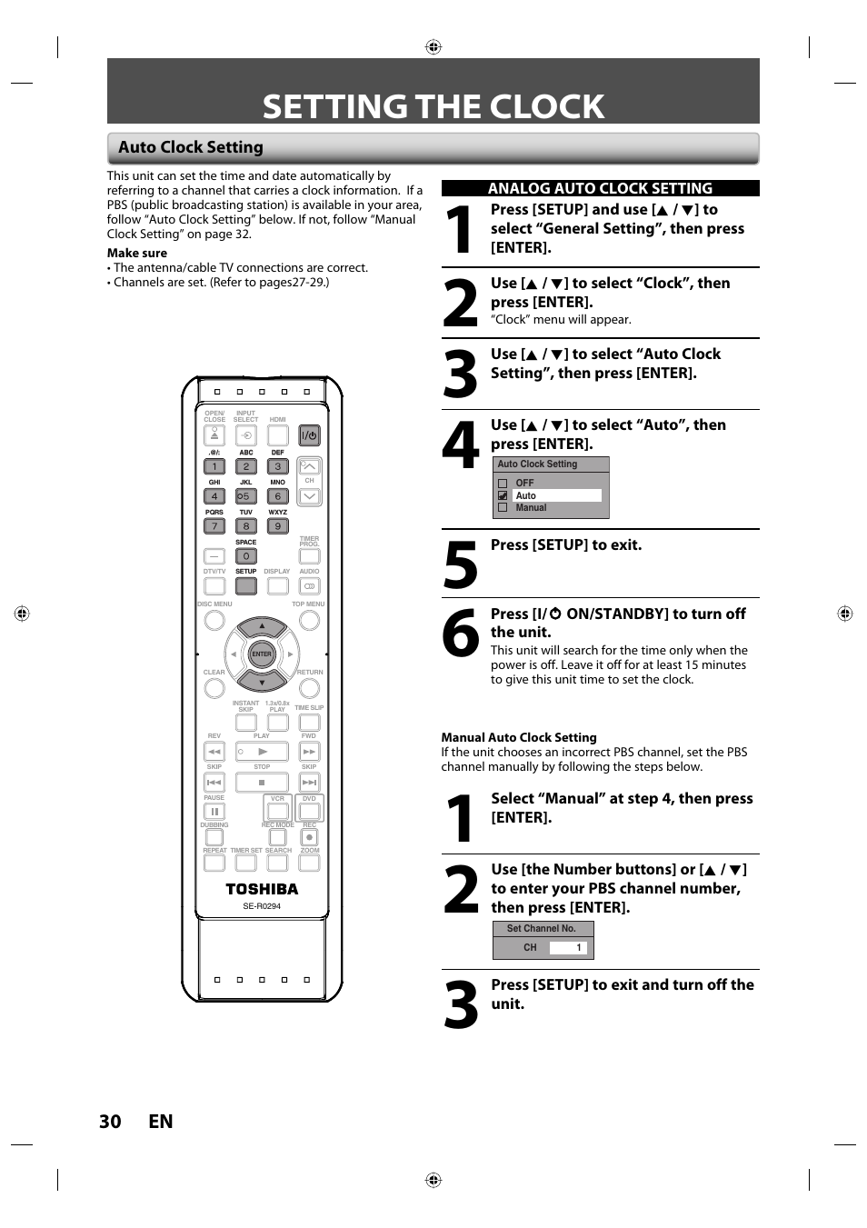 Setting the clock, 30 en | Toshiba DVR670KU User Manual | Page 30 / 124