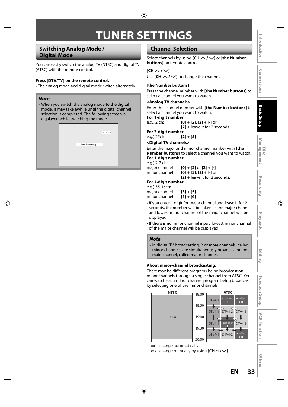 Tuner settings, 33 en, Switching analog mode / digital mode | Channel selection | Toshiba DVR670KU User Manual | Page 33 / 124