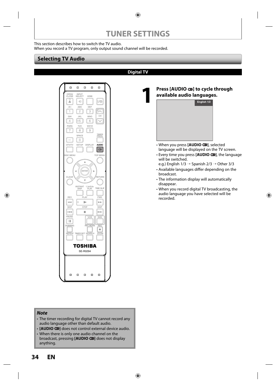 Tuner settings, 34 en, Selecting tv audio | Digital tv | Toshiba DVR670KU User Manual | Page 34 / 124