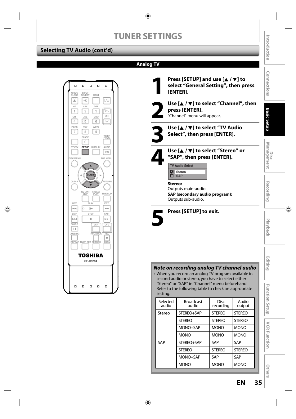 Tuner settings, 35 en, Selecting tv audio (cont’d) | Toshiba DVR670KU User Manual | Page 35 / 124