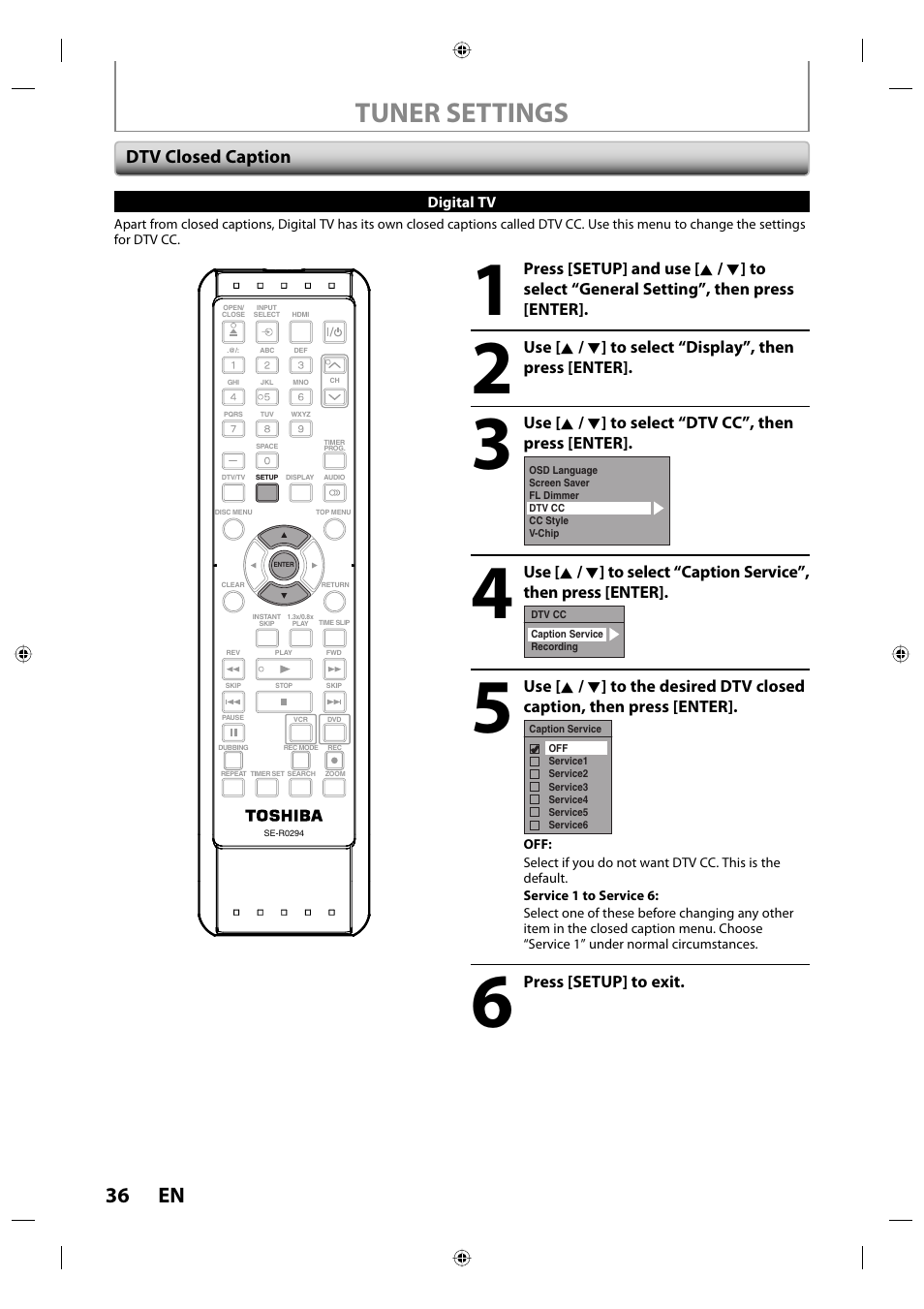 Tuner settings, 36 en, Dtv closed caption | Toshiba DVR670KU User Manual | Page 36 / 124