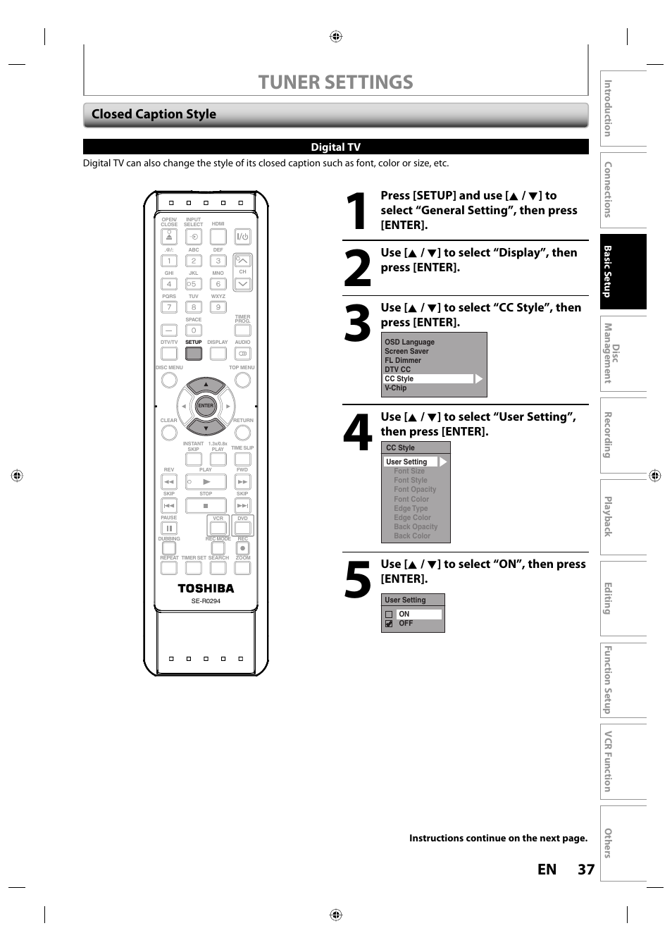 Tuner settings, 37 en, Closed caption style | Toshiba DVR670KU User Manual | Page 37 / 124