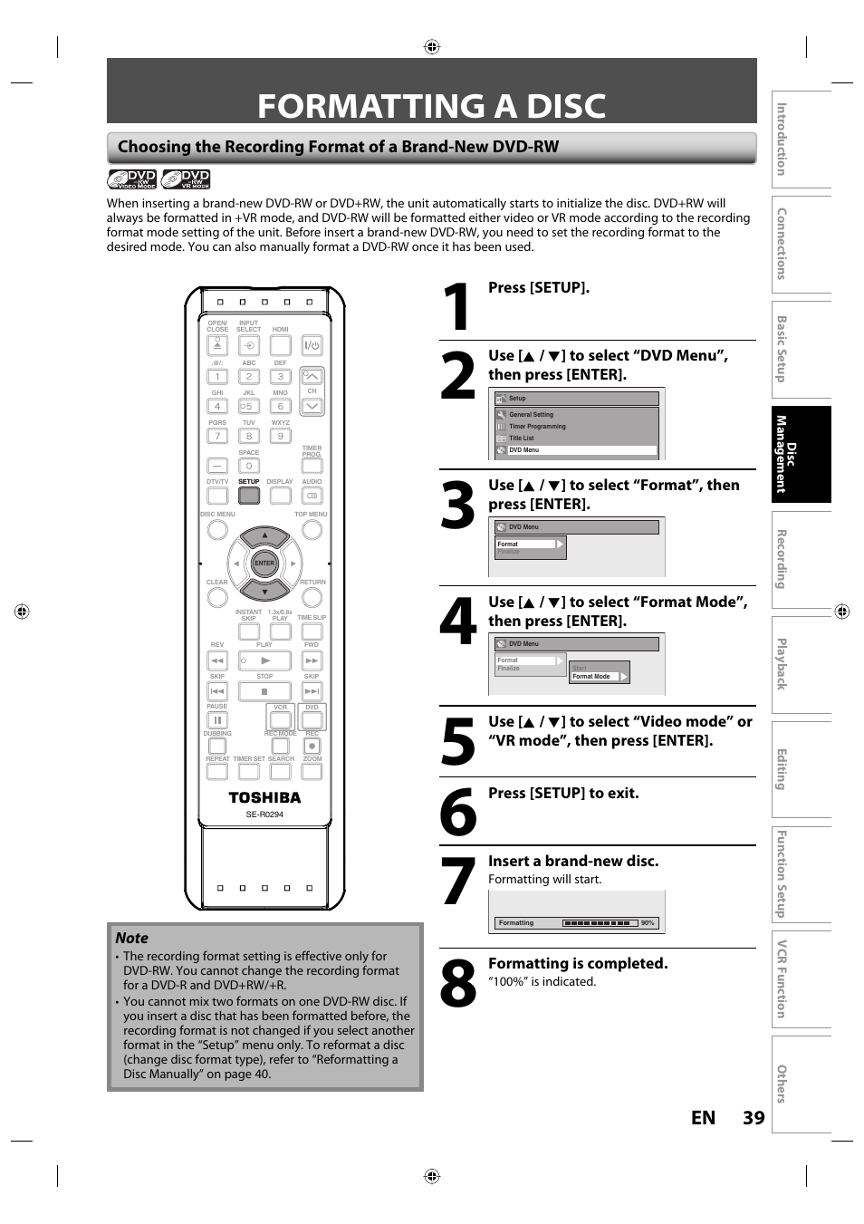 Formatting a disc, 39 en | Toshiba DVR670KU User Manual | Page 39 / 124