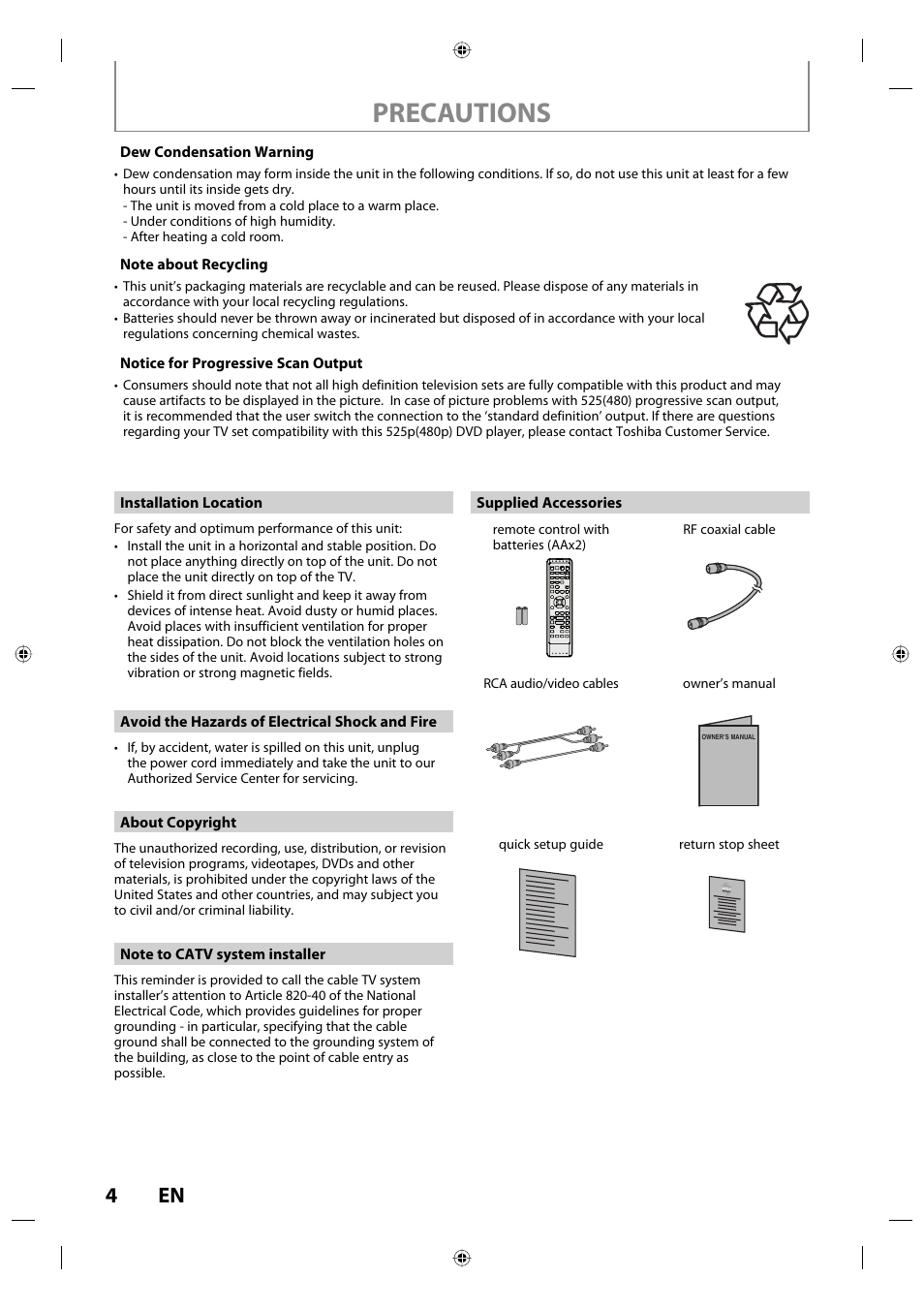 Precautions | Toshiba DVR670KU User Manual | Page 4 / 124