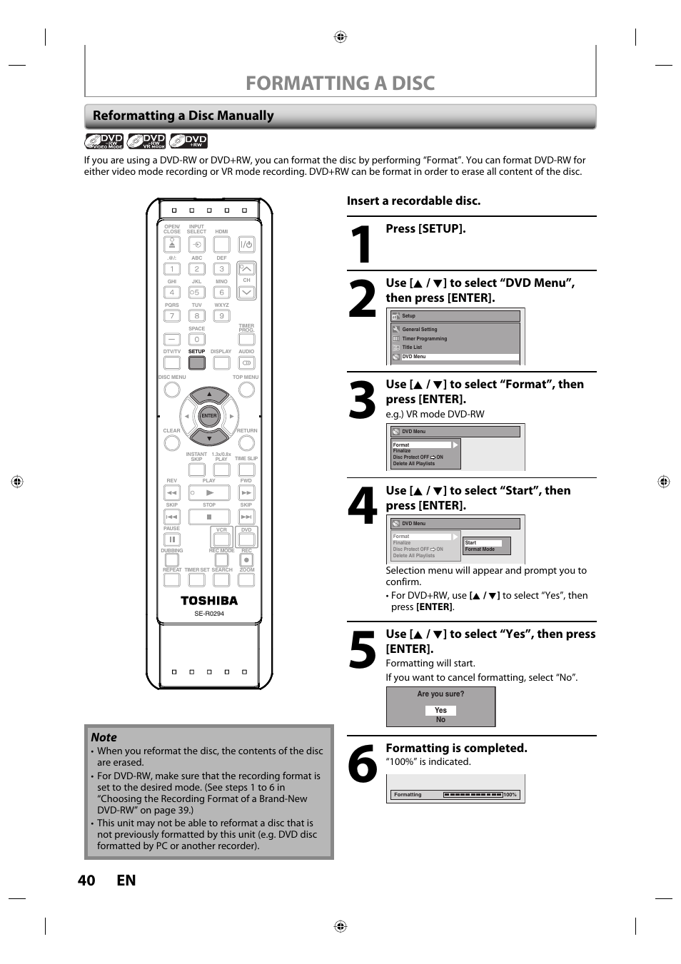 Formatting a disc, 40 en, Reformatting a disc manually | Toshiba DVR670KU User Manual | Page 40 / 124