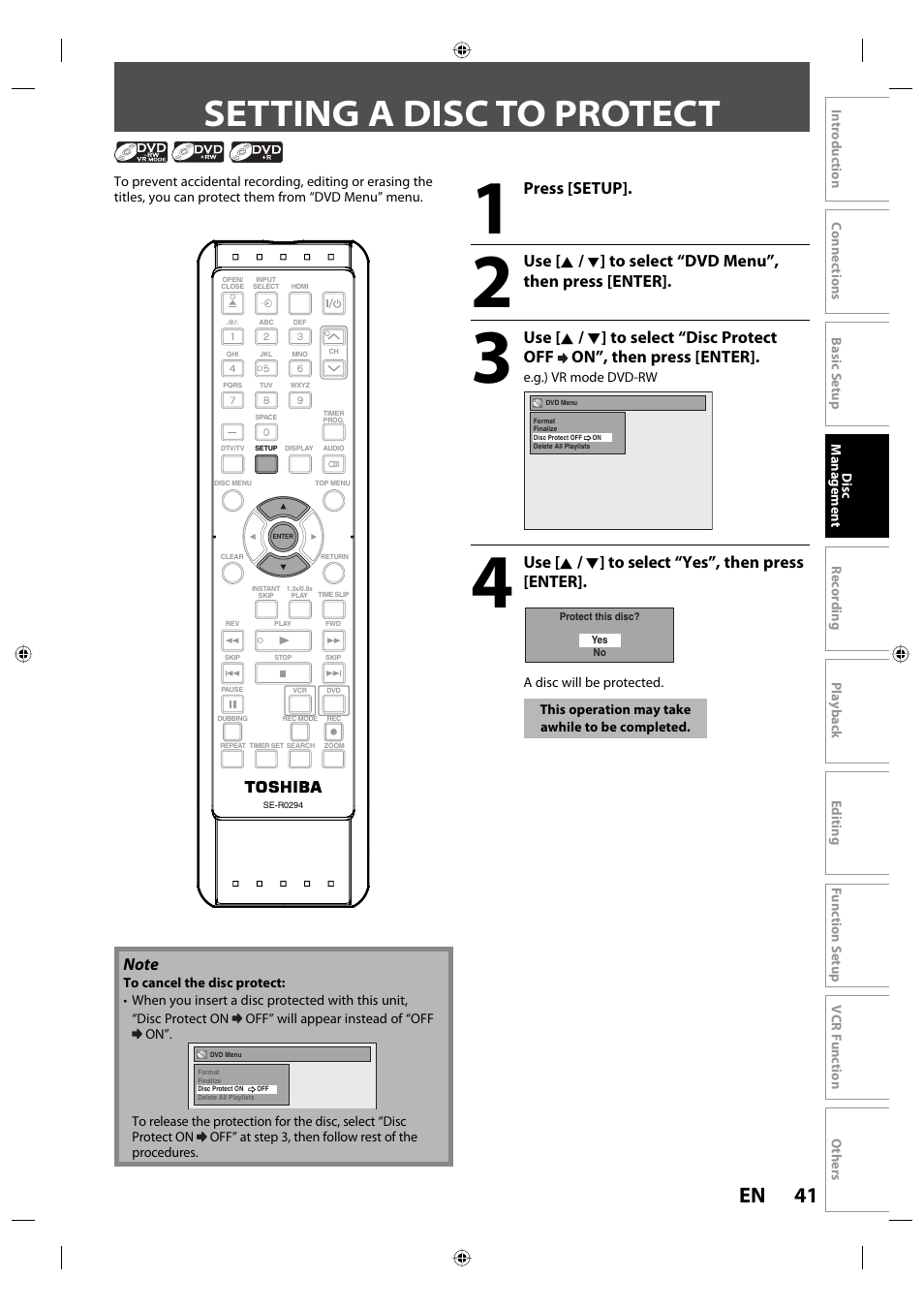 Setting a disc to protect, 41 en, Press [setup | Use [ k, Use [ k / l ] to select “yes”, then press [enter | Toshiba DVR670KU User Manual | Page 41 / 124