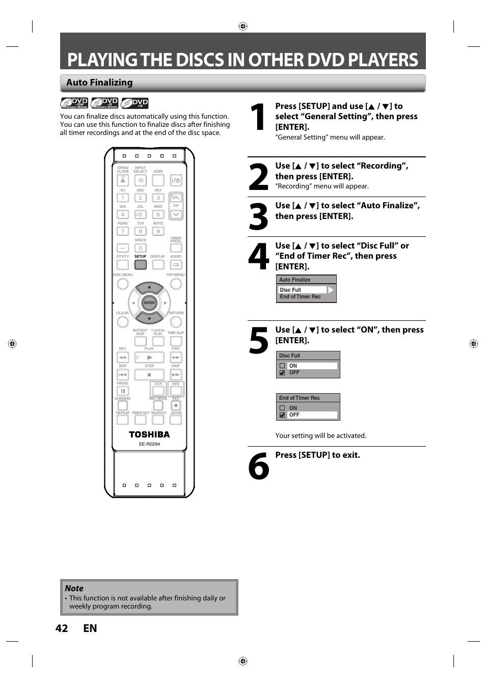 Playing the discs in other dvd players, 42 en, Auto finalizing | Toshiba DVR670KU User Manual | Page 42 / 124