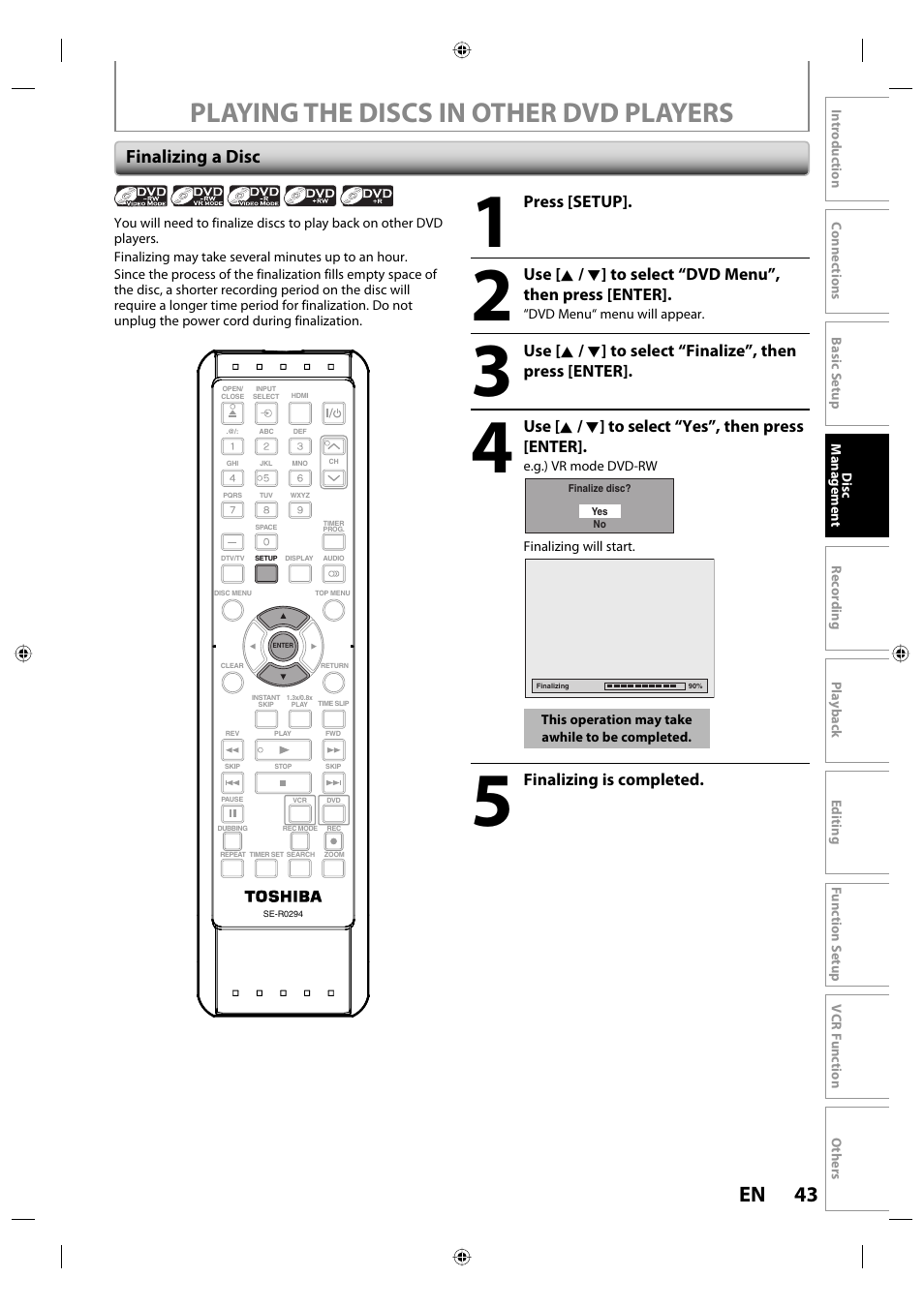 Playing the discs in other dvd players, 43 en, Finalizing a disc | Toshiba DVR670KU User Manual | Page 43 / 124