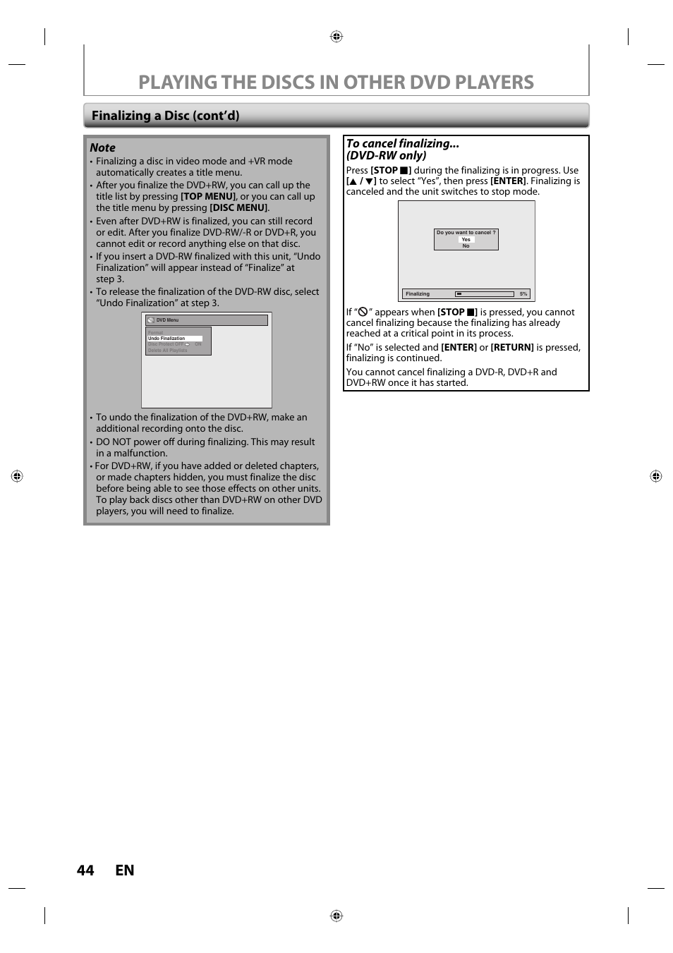 Playing the discs in other dvd players, 44 en, Finalizing a disc (cont’d) | Toshiba DVR670KU User Manual | Page 44 / 124