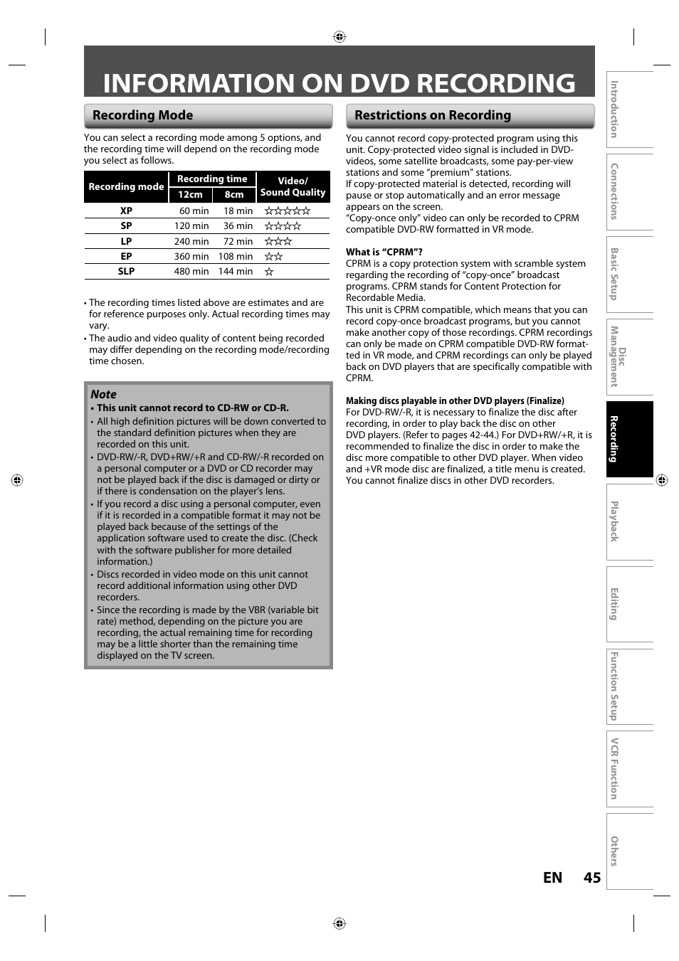 Information on dvd recording, 45 en, Recording mode | Restrictions on recording | Toshiba DVR670KU User Manual | Page 45 / 124