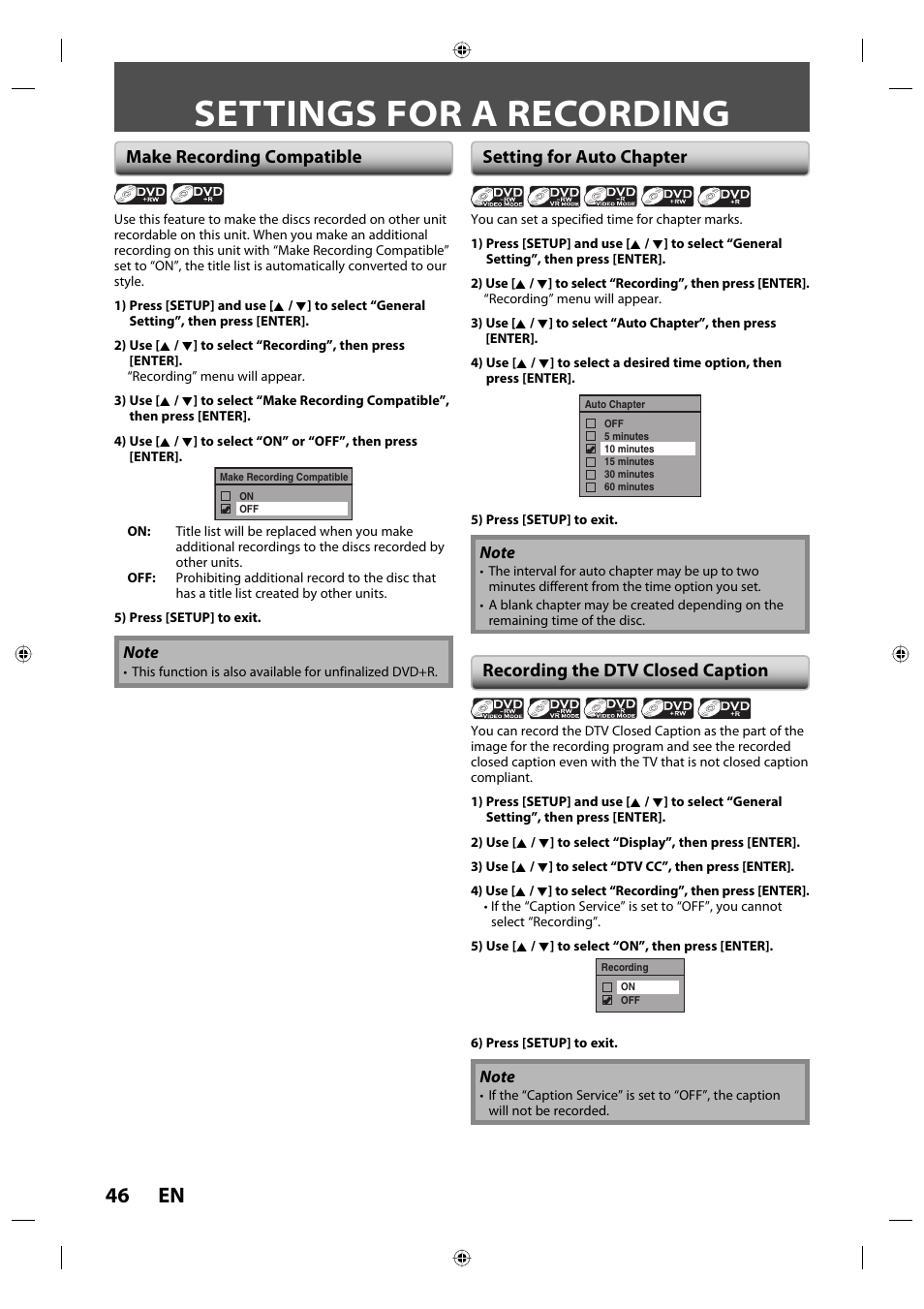 Settings for a recording, 46 en, Make recording compatible setting for auto chapter | Recording the dtv closed caption | Toshiba DVR670KU User Manual | Page 46 / 124