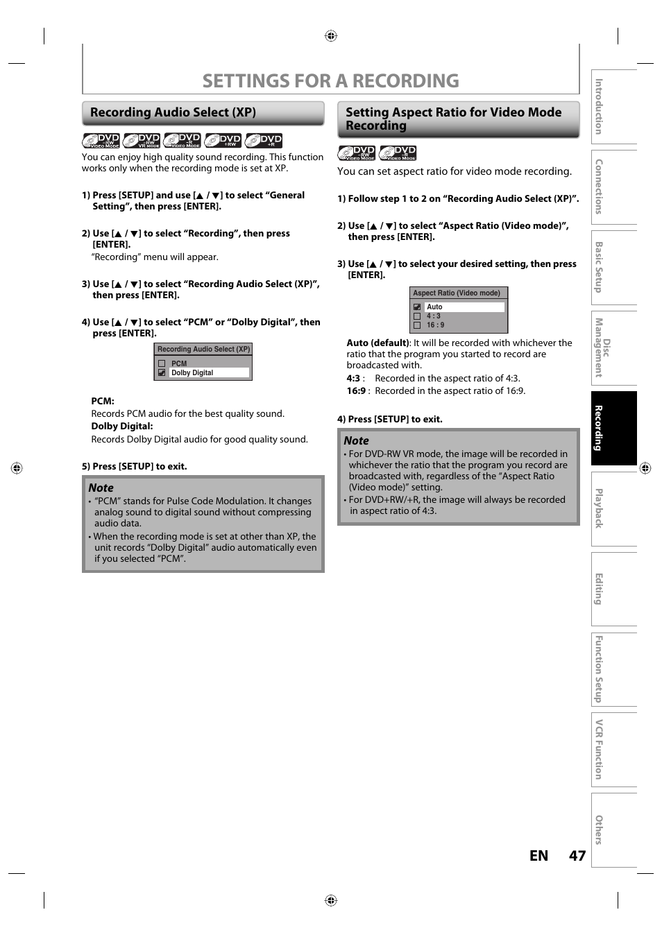 Settings for a recording, 47 en | Toshiba DVR670KU User Manual | Page 47 / 124