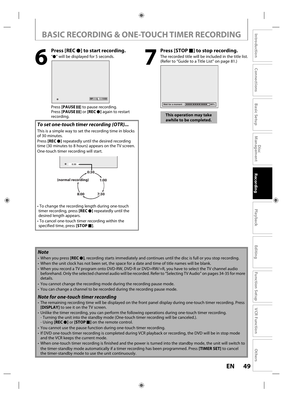 Basic recording & one-touch timer recording, 49 en | Toshiba DVR670KU User Manual | Page 49 / 124