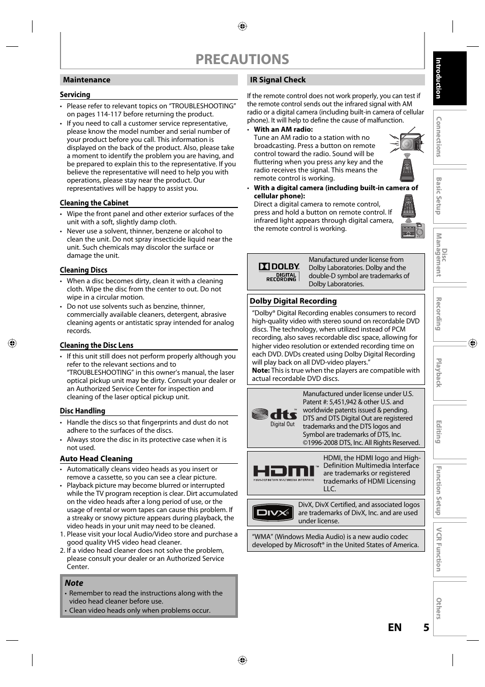 Precautions | Toshiba DVR670KU User Manual | Page 5 / 124